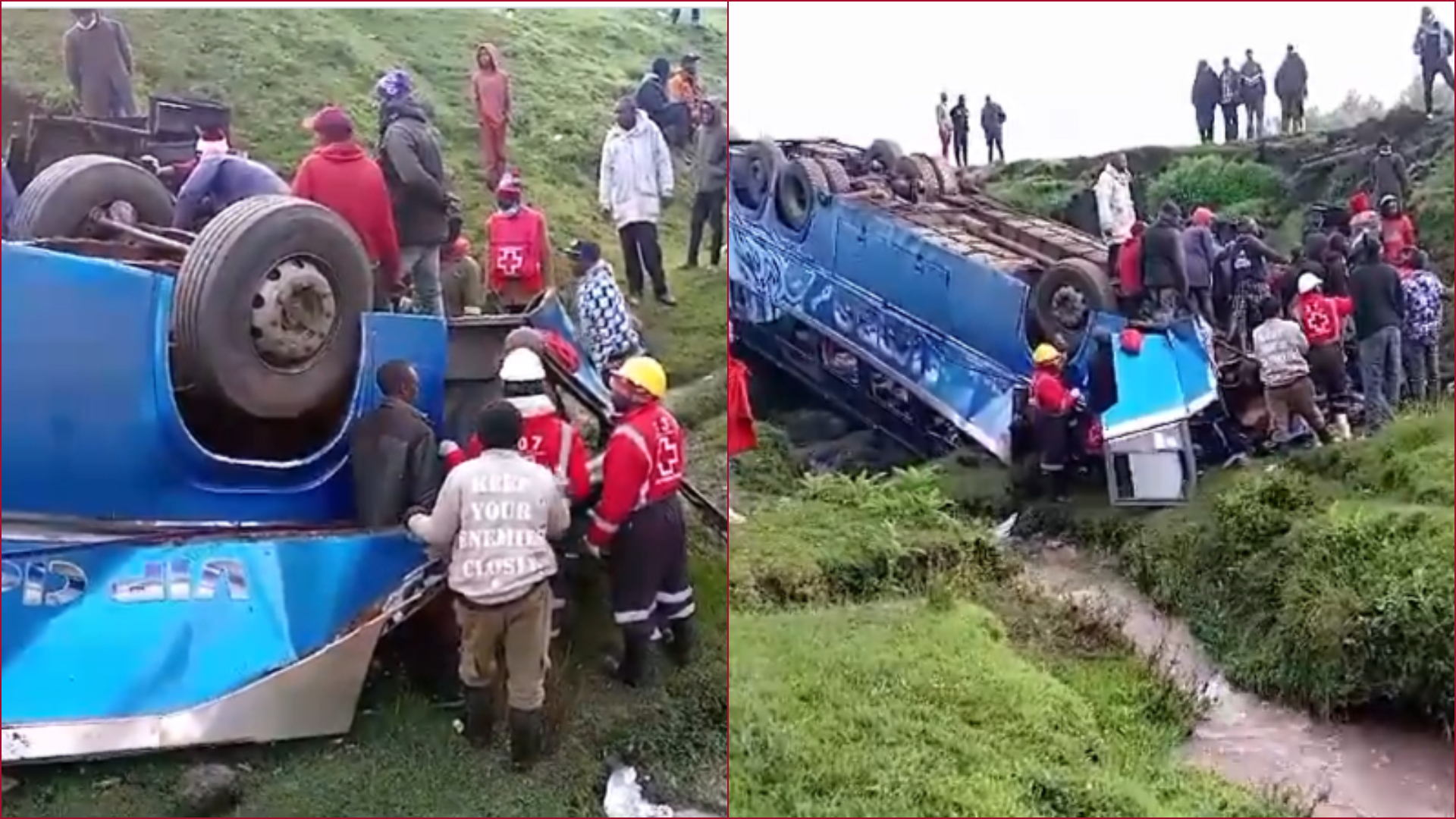 A Simba Buss ferrying passengers overturned at the Molo Twin Bridge.